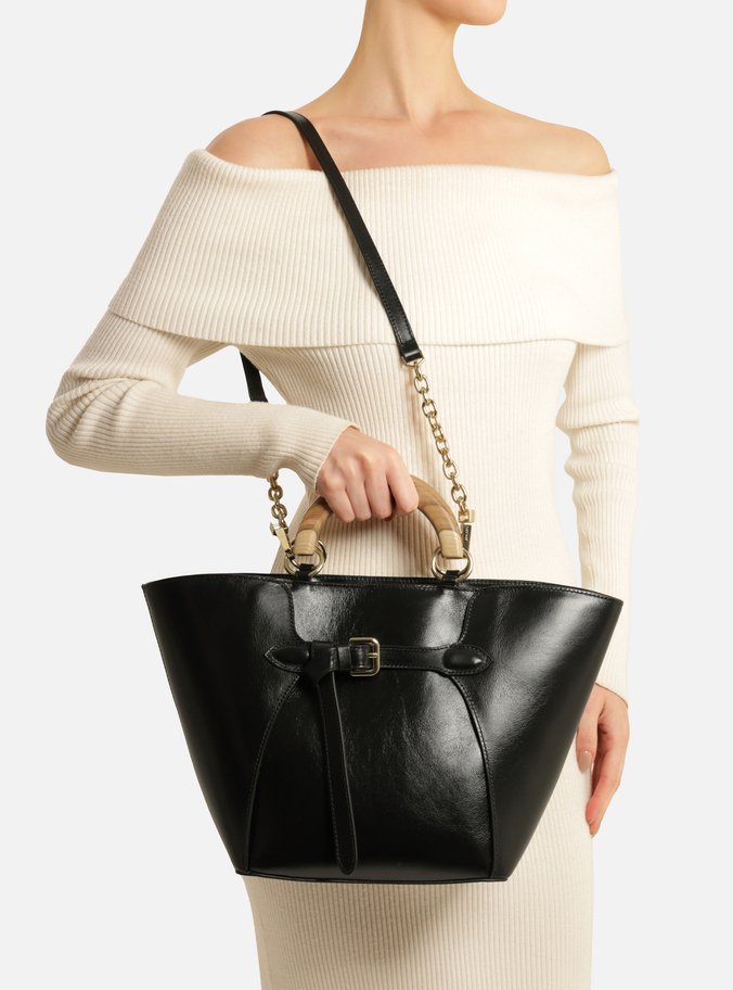 Bolsa Tote Preta Couro Grande Alça Madeira