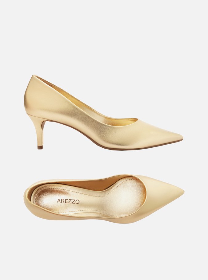Scarpin Dourado Couro Salto Baixo Fino