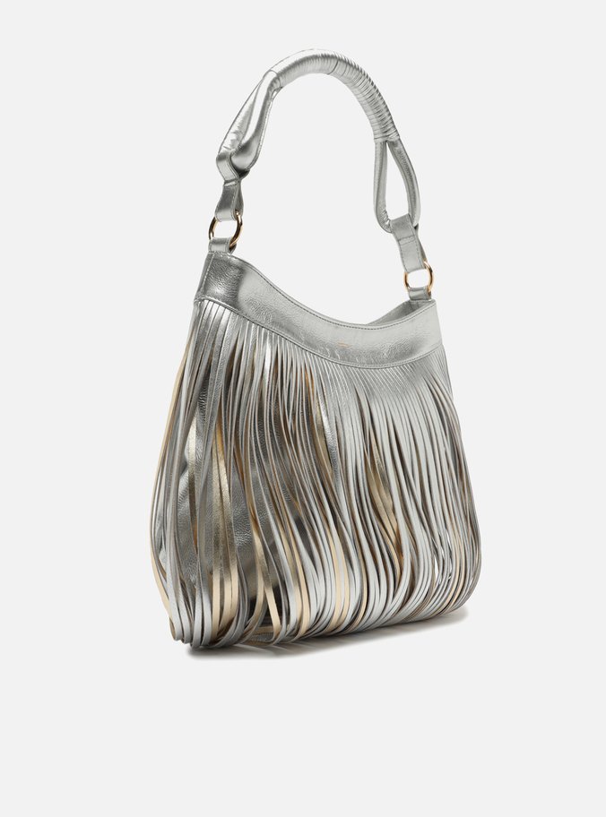 Bolsa Hobo Prata Couro Média Franjas Metalizada