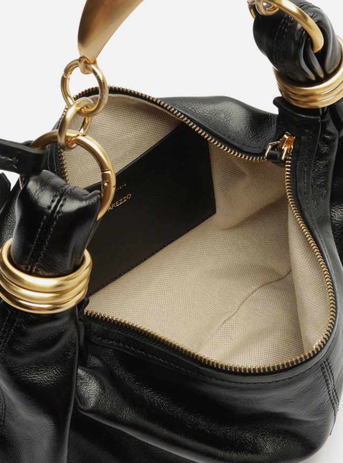 Bolsa Tiracolo Preta Couro Média Alça Argolas