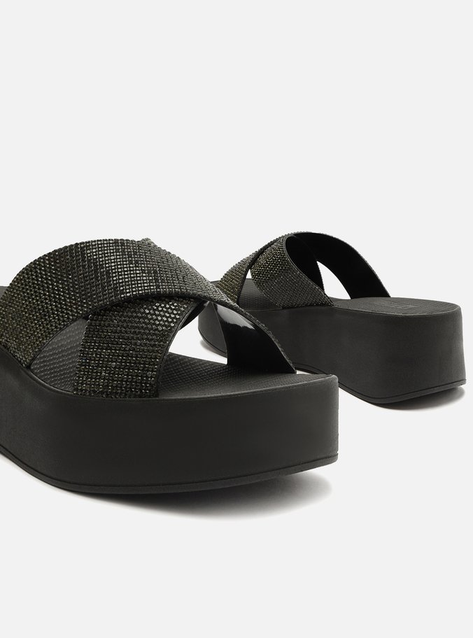 Tamanco Preta Flatform Tiras Strass Lulu