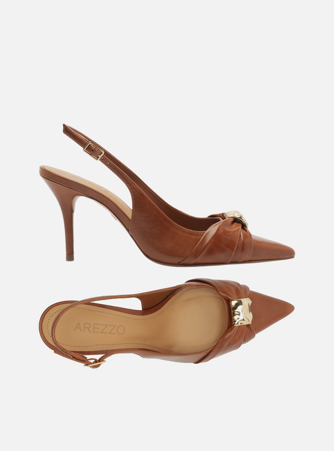 Scarpin Marrom Couro Bico Fino Slingback Metal — foto 6