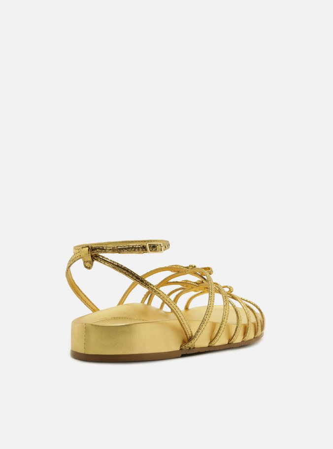 Sandália Rasteira Dourada Couro Flatform Laços