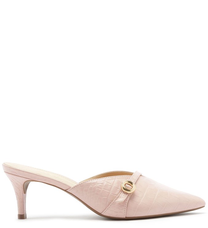 Mule Fechada Croco Bico Fino Salto Kitten Fivela Sugar Blush