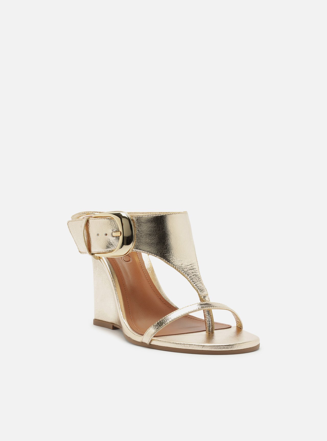 Sandália Dourada Couro Anabela Tira Thong Maxi Fivela — foto 2