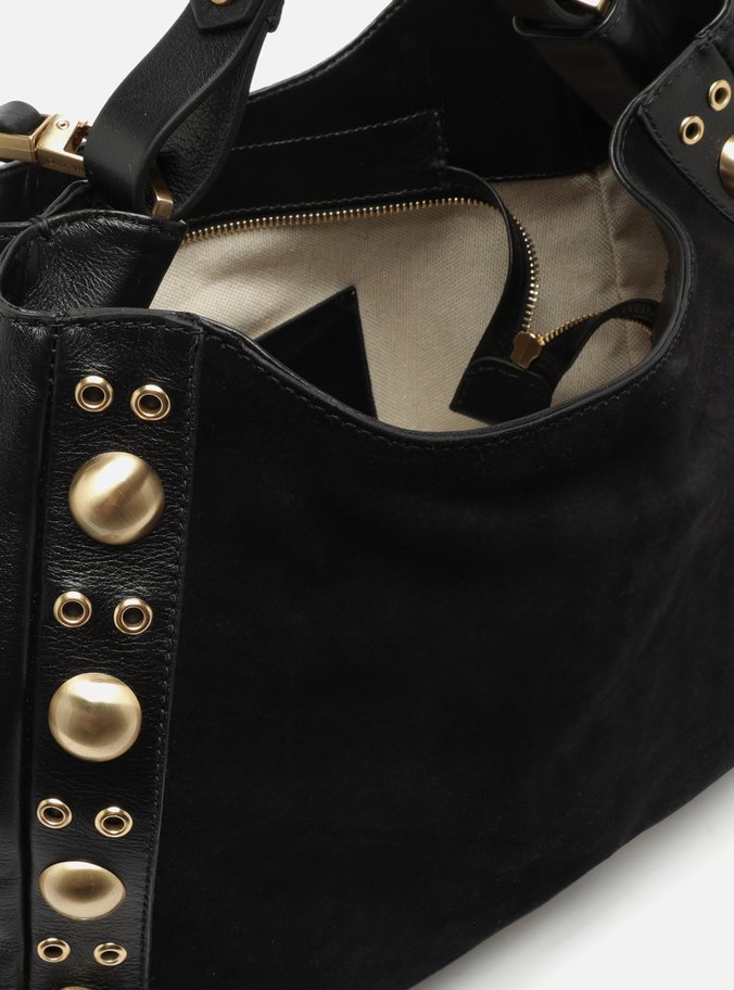 Bolsa Tote Preta Couro Camurça Grande Metais