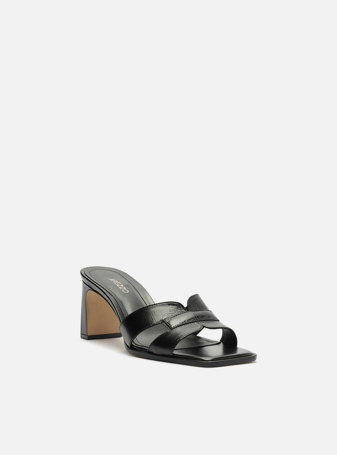 Mule Preto Couro Bloco Bico Quadrado