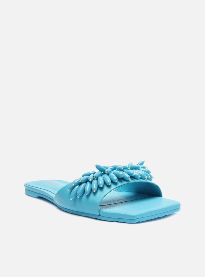 Rasteira Azul Couro Flat Aplicações