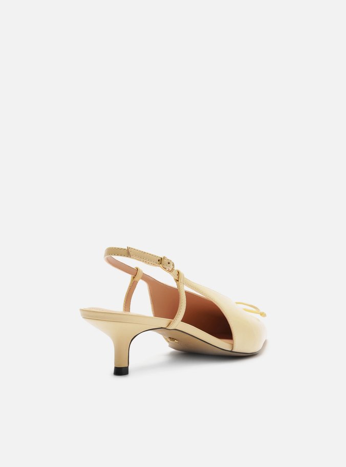 Scarpin Amarelo Couro Bico Fino Slingback Laço