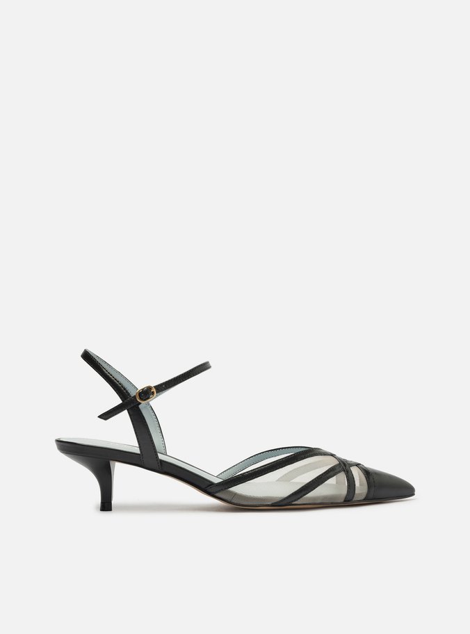 Scarpin Preto Couro Tela Salto Baixo Fivela