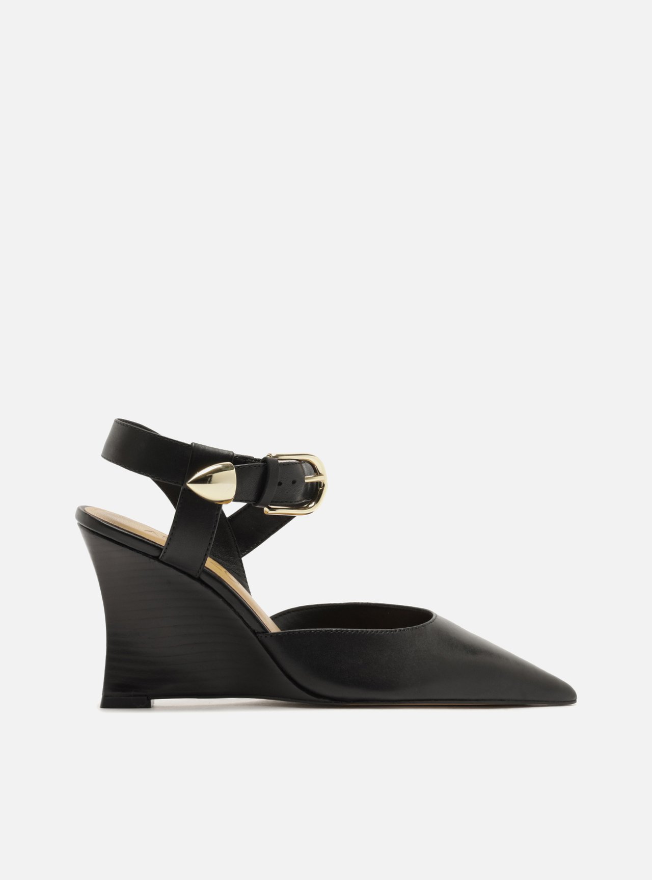 Scarpin Preto Couro Anabela Tiras Fivela — foto 1