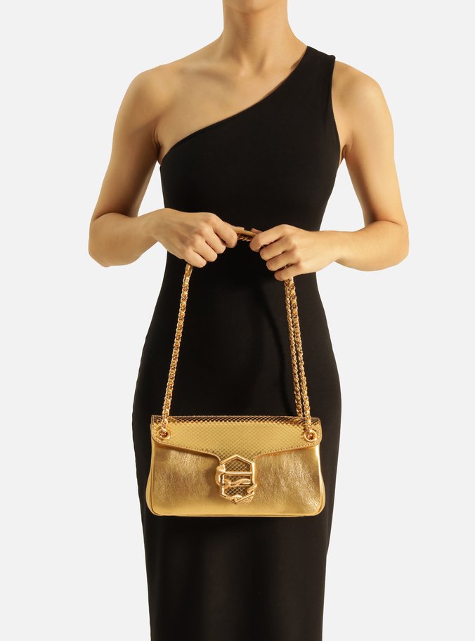 Bolsa Tiracolo Dourada Couro Snake Média