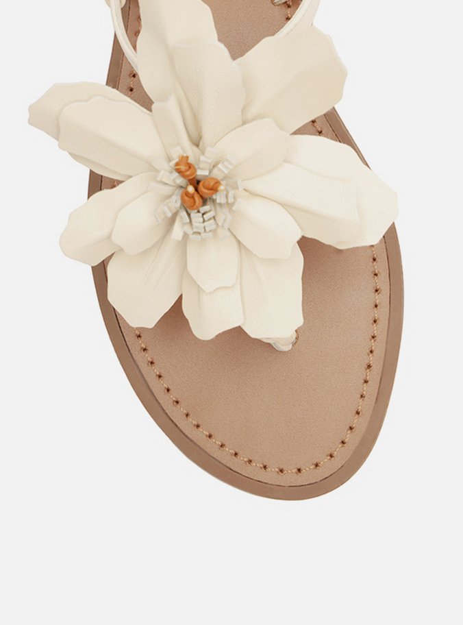 Sandália Rasteira Branca Couro Slim Flor