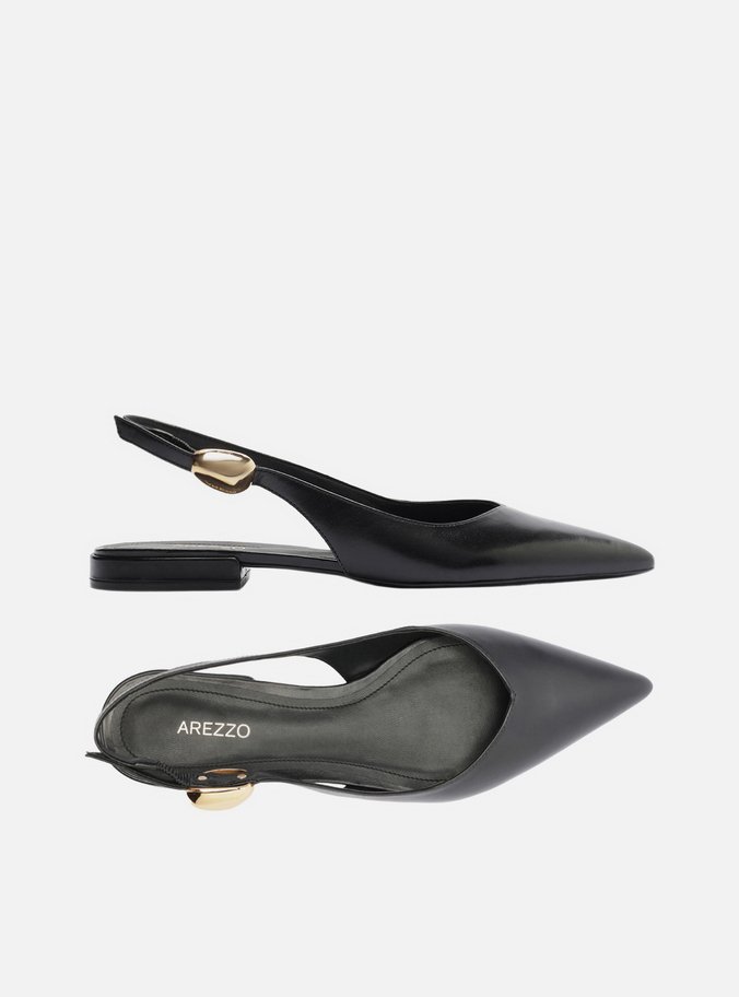 Sapatilha Preta Couro Slingback Metal Bold