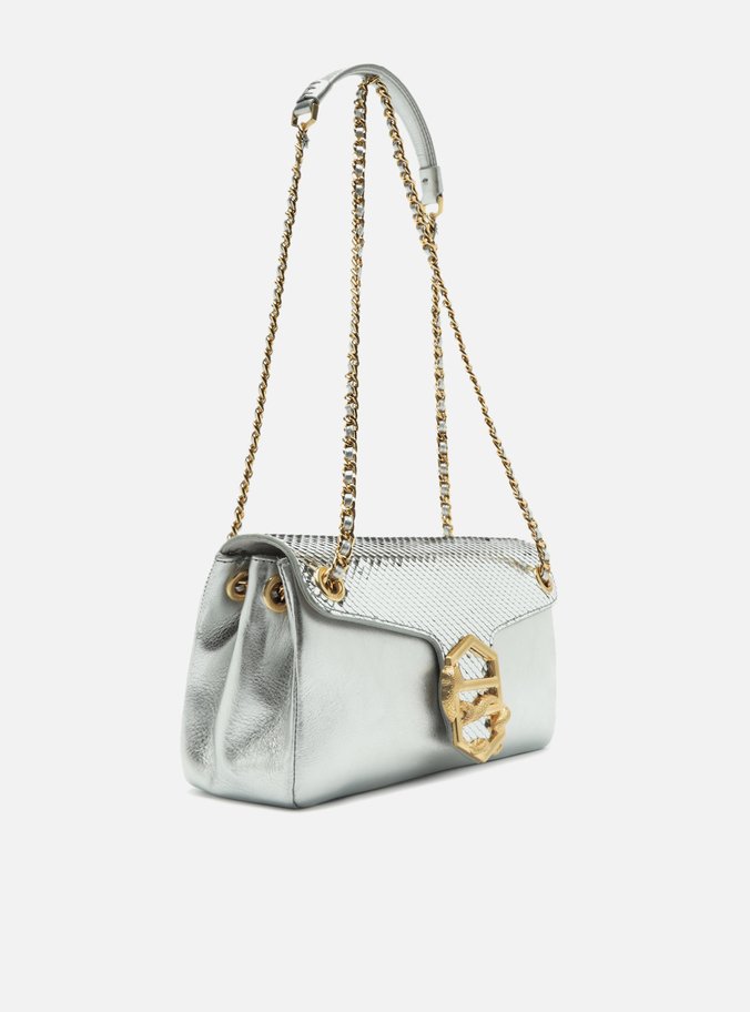 Bolsa Tiracolo Prata Couro Snake Média