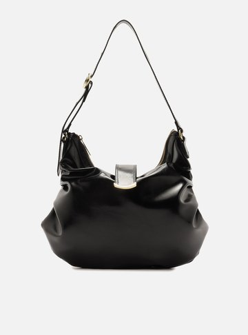 Bolsa Hobo Preta Grande Lapela Metal