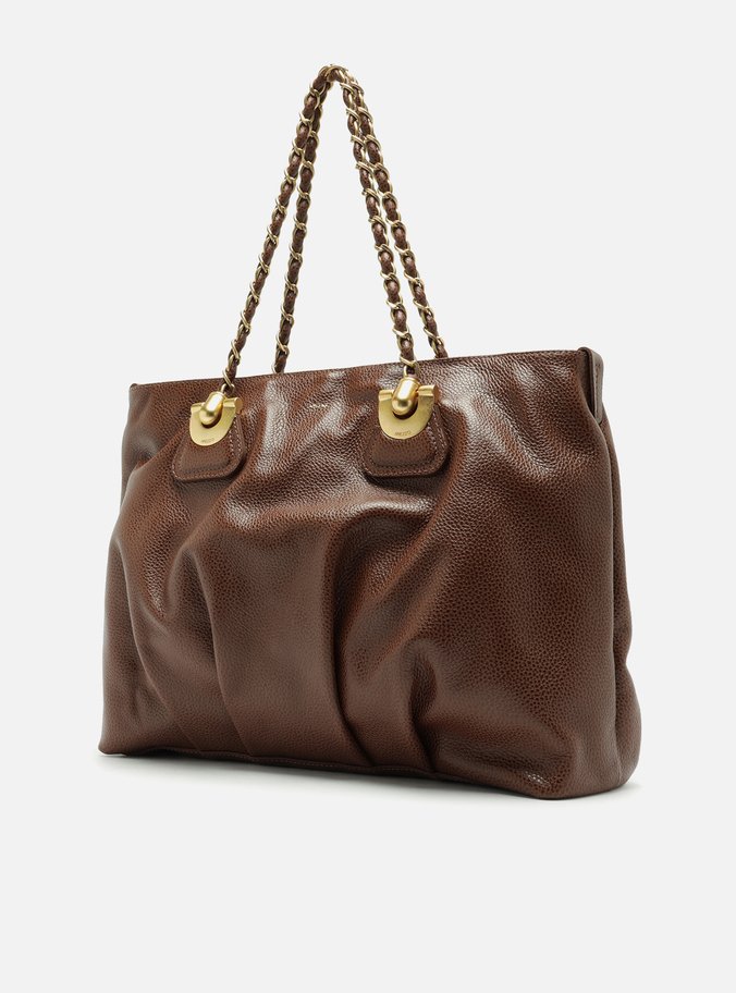 Bolsa Shopping Marrom Couro Grande Franzida