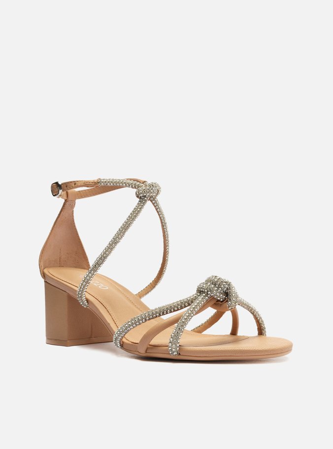 Sandália Nude Salto Bloco Strass