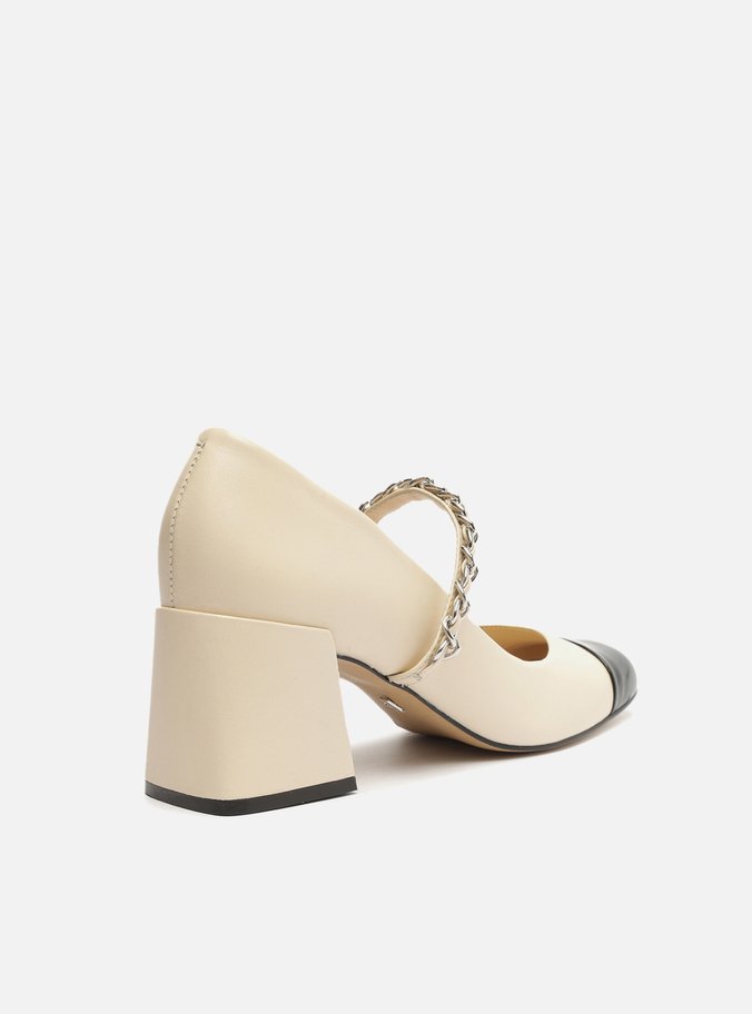 Sapato Boneca Off-White Couro Salto Bloco Tira Corrente