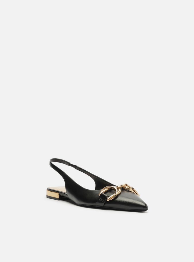 Sapatilha Preta Couro Bico Fino Slingback Bridão