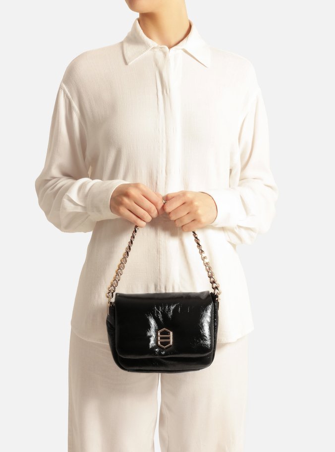 Bolsa Tiracolo Preta Couro Pequena Puffer
