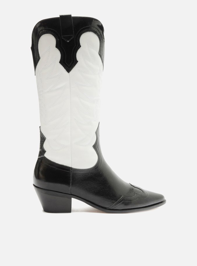 Bota Preta Couro Cano Médio Western Branca