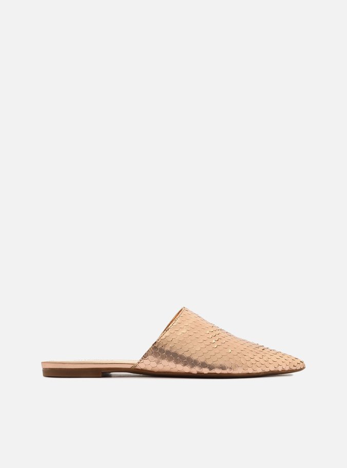 Mule Rosé Couro Snake Bico Fino Flat