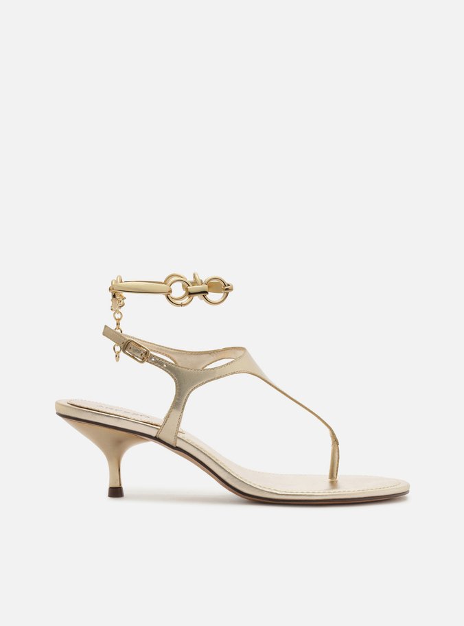 Sandália Dourada Couro Salto Kitten Thong Tornozeleira