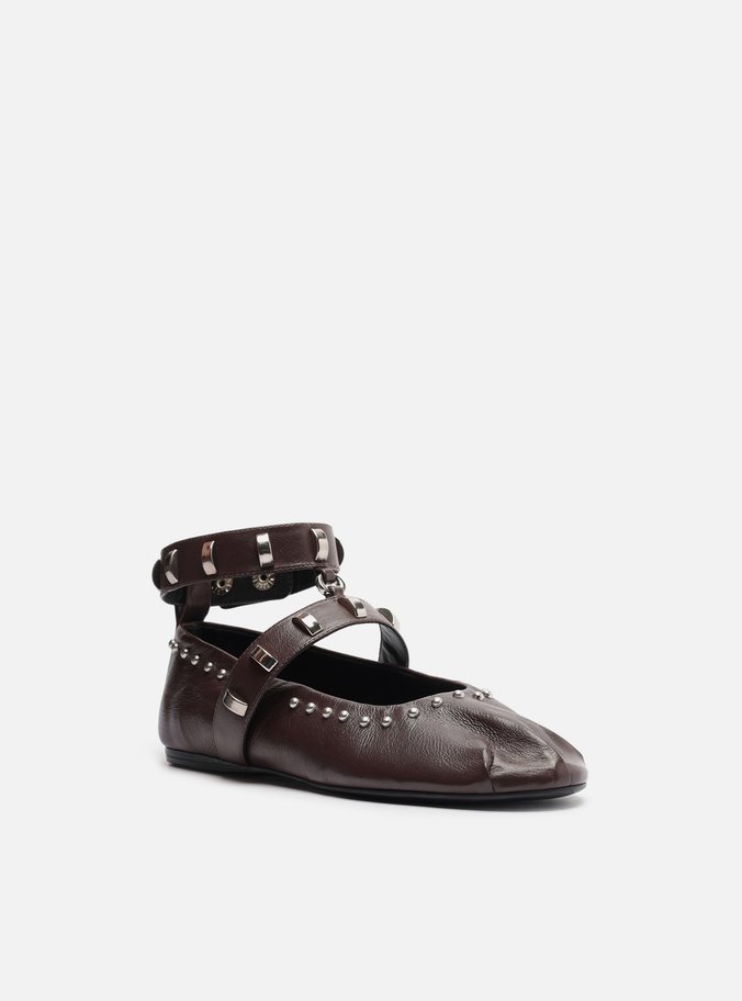 Sapatilha Boneca Marrom Couro Metais Tira Ankle