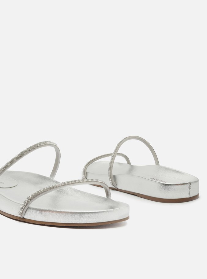 Sandália Rasteira Prata Tiras Strass Minimal