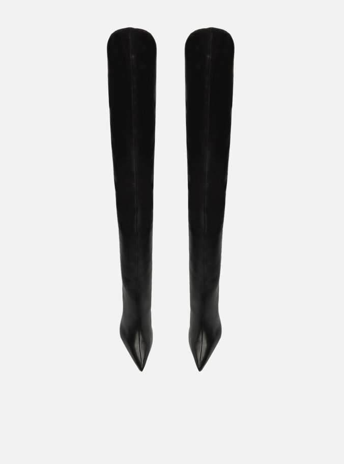 Bota Over The Knee Preta Couro Bico Fino