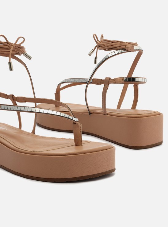 Sandália Nude Flatform Amarração Brilho
