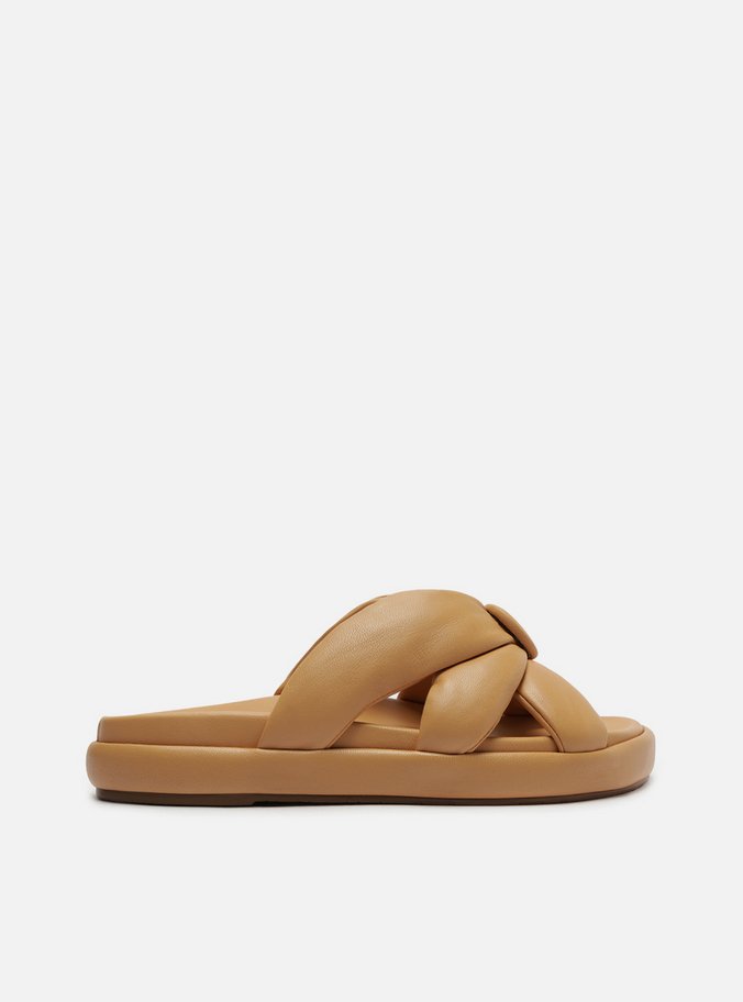 Rasteira Nude Couro Flatform Tiras Botão