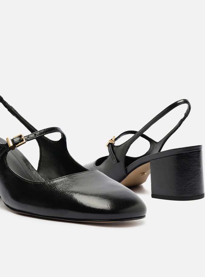 Sapato Boneca Preto Couro Bloco Slingback Classic