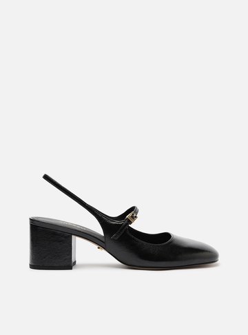 Sapato Boneca Preto Couro Bloco Slingback Classic