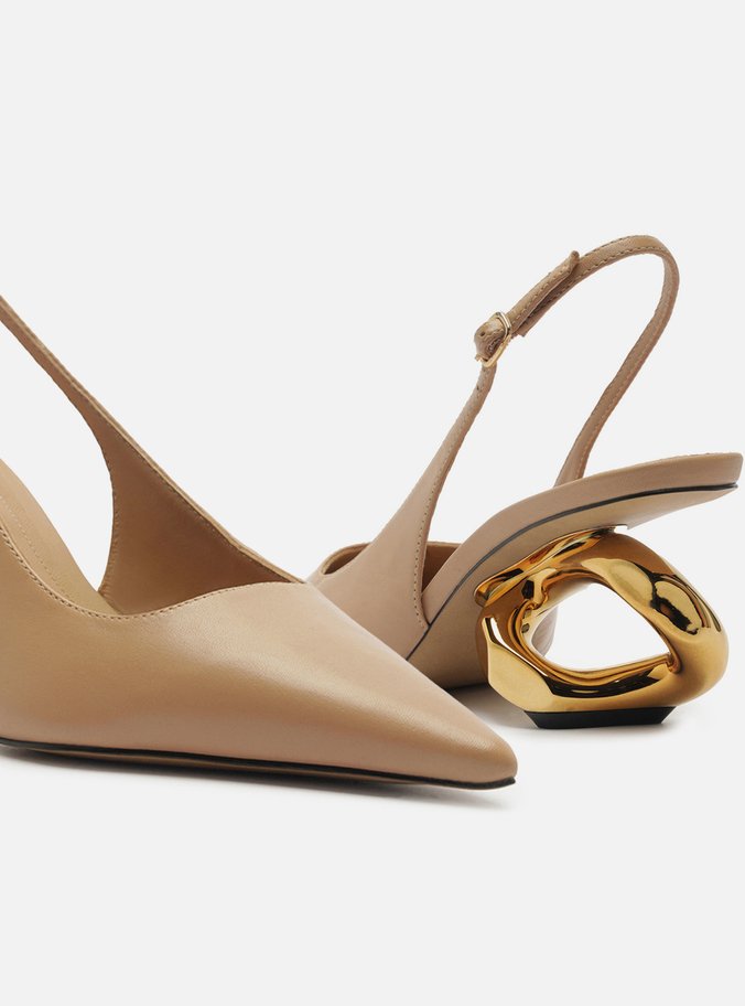 Scarpin Bege Couro Salto Geométrico Slingback