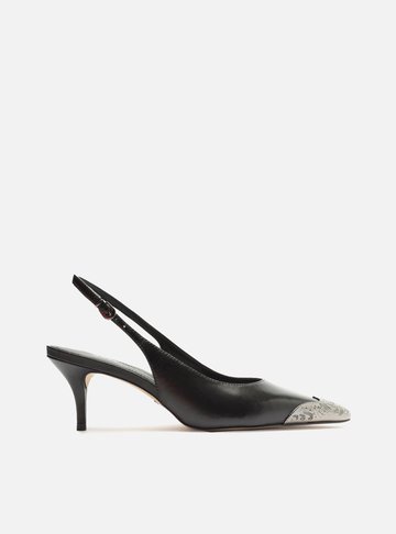Scarpin Preto Couro Bico Fino Slingback Biqueira
