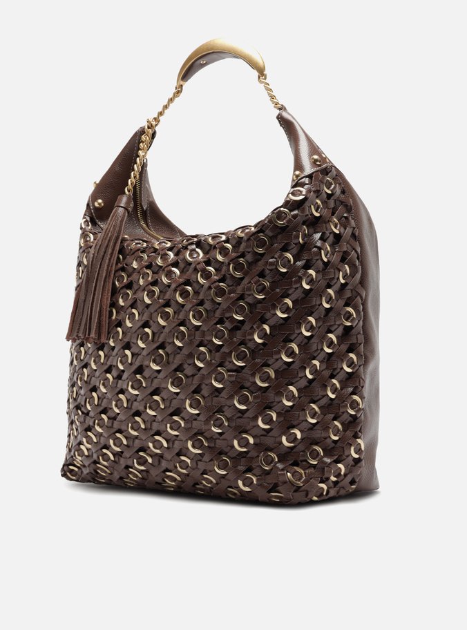 Bolsa Hobo Marrom Couro Tressê Metais Grande