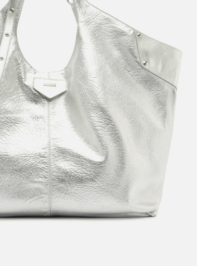 Bolsa Shopping Maxi Prata Couro Grande Rebites