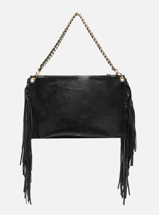 Bolsa Tiracolo Preta Couro Grande Franjas