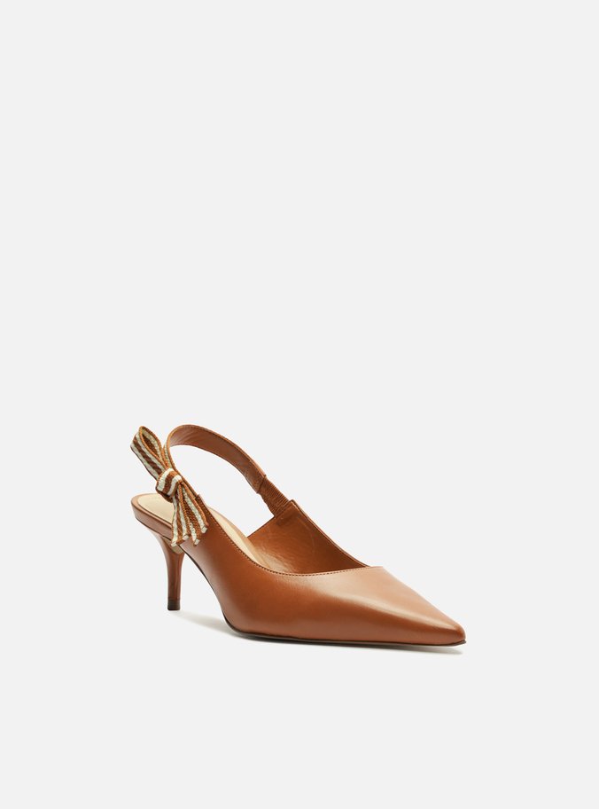 Scarpin Marrom Couro Salto Baixo Slingback Laço