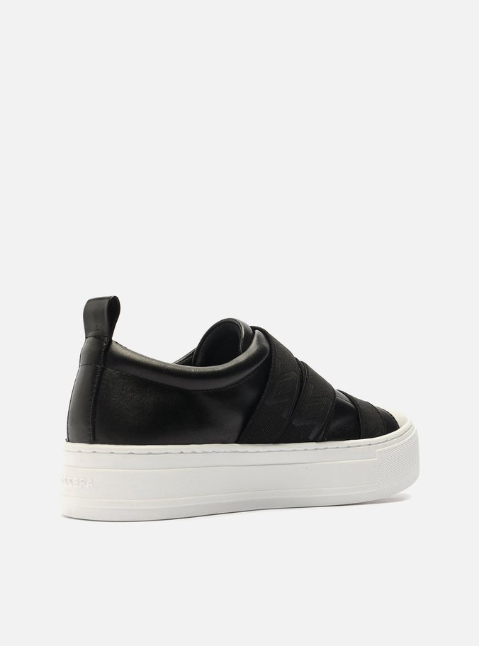 Slip On Preto Couro Flatform Elásticos