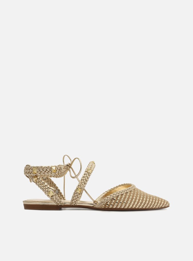 Scarpin Dourado Rasteiro Bico Fino Trançado