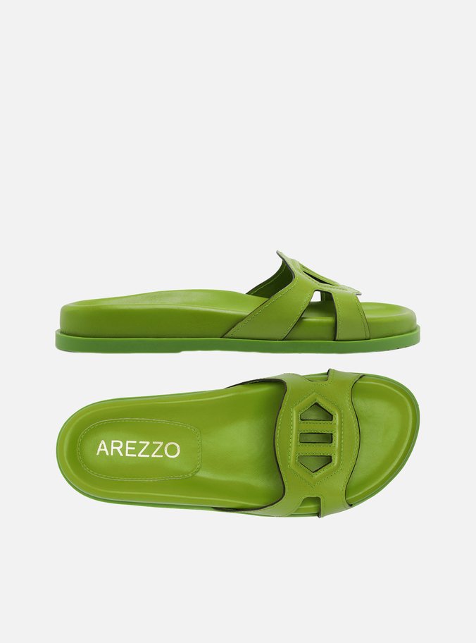 Slide Verde Couro Tira Vazada Geométrica