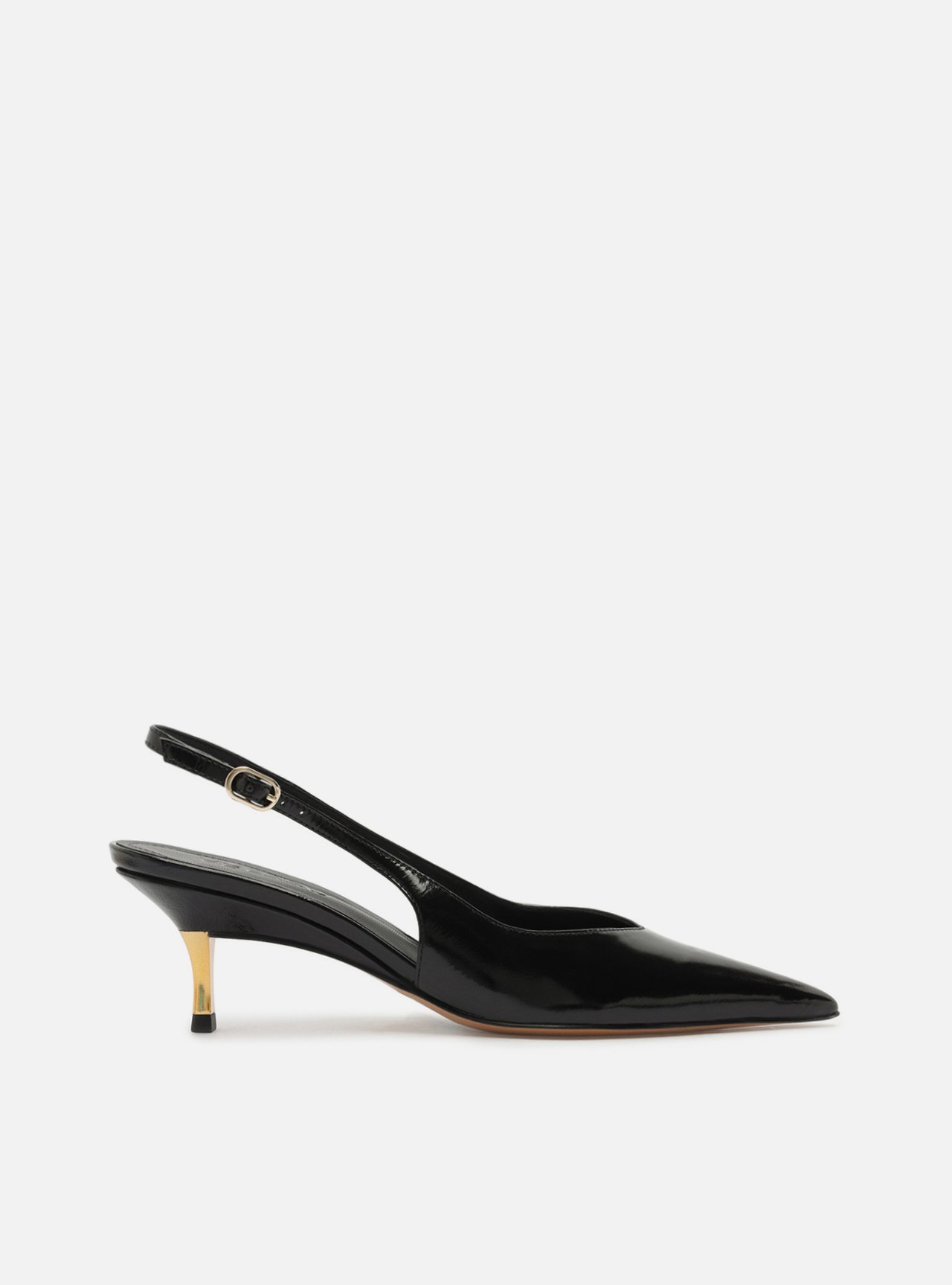 Scarpin Preto Couro Slingback Salto Médio Dourado — foto 1