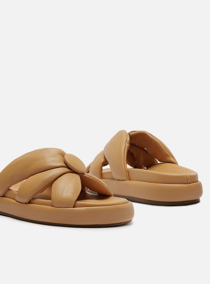 Rasteira Nude Couro Flatform Tiras Botão