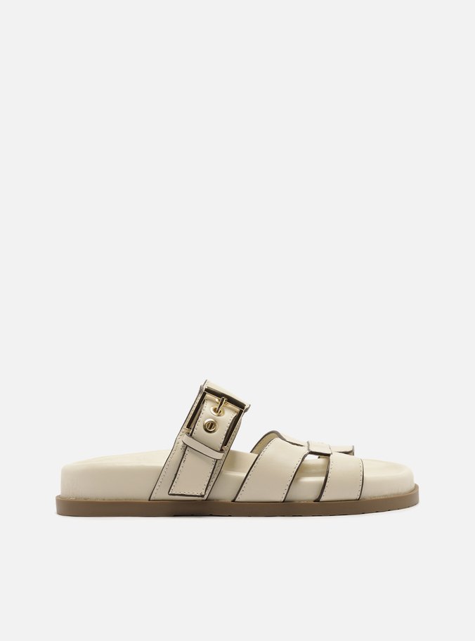 Sandália Rasteira Off-White Couro Fivela