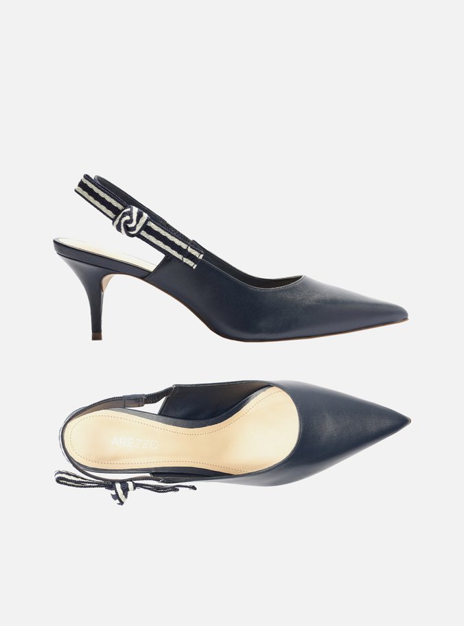 Scarpin Azul Couro Salto Baixo Slingback Laço