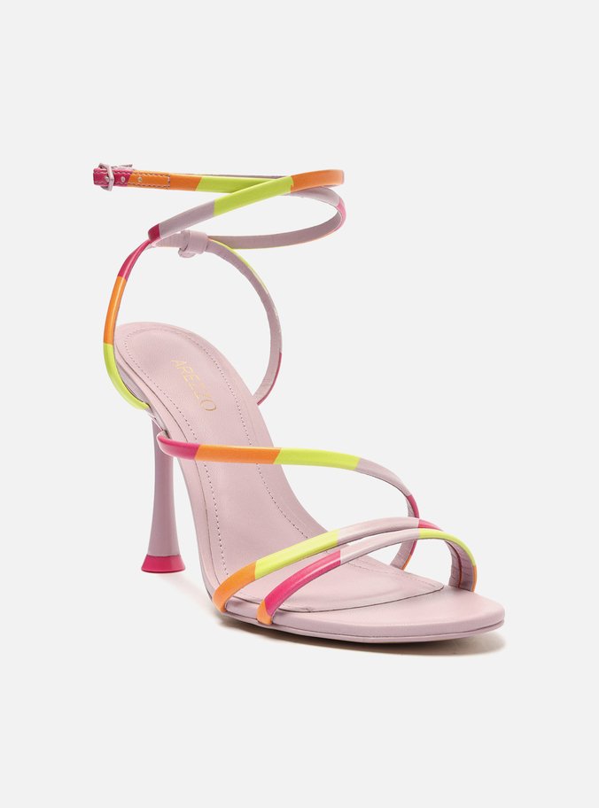 Sandália Lavanda Salto Fino Tiras Estampada