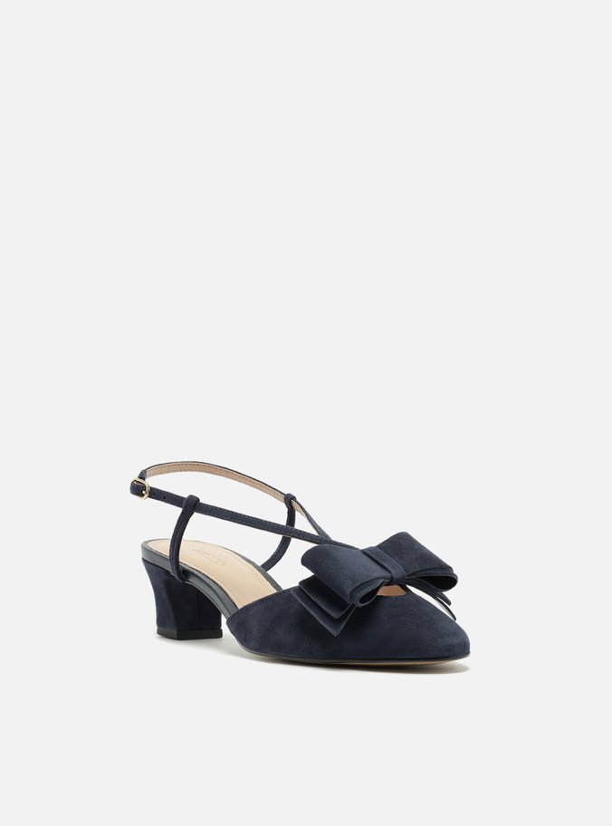Scarpin Azul Camurça Salto Baixo Slingback Laço